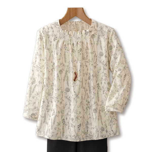 ドビーストライプ花柄プリントタックブラウス