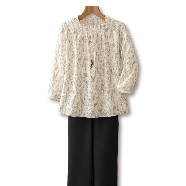 ドビーストライプ花柄プリントタックブラウス