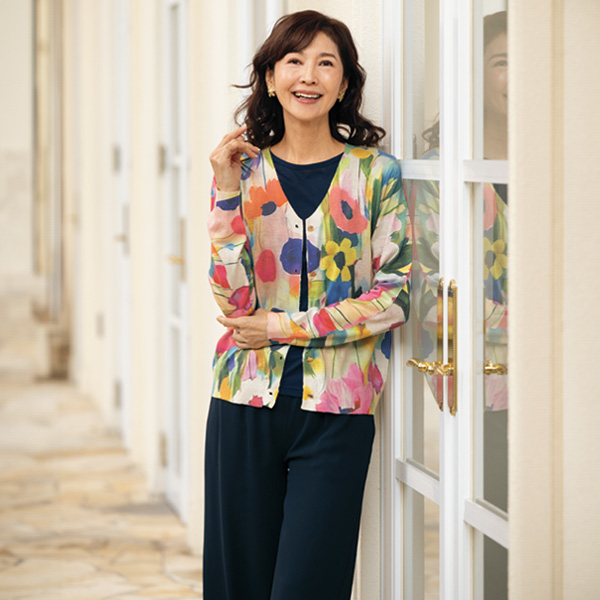 カラフルぼかし花柄カーディガン