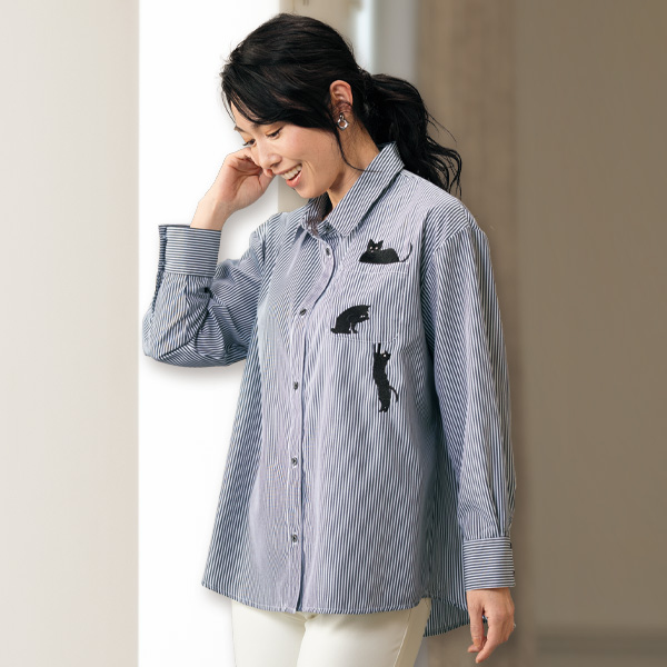 ジャレ猫刺しゅうストライプシャツ