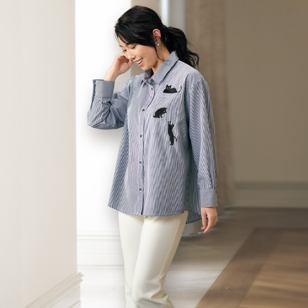 ジャレ猫刺しゅうストライプシャツ