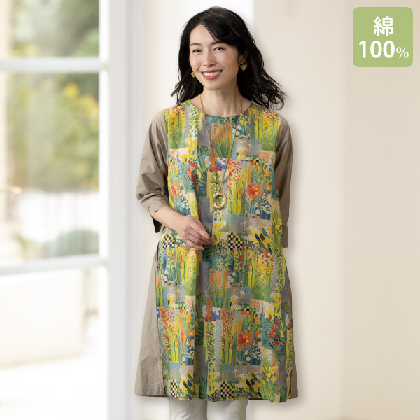 ボタニカルプリント切替えチュニックワンピース