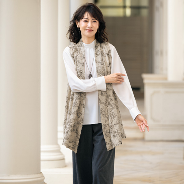 フラワープリントフリンジロングベスト