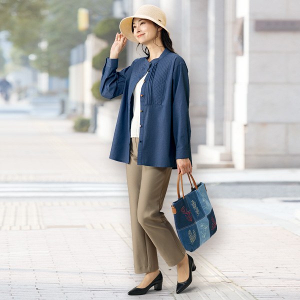 配色ボタンキルトデザインデニムシャツ