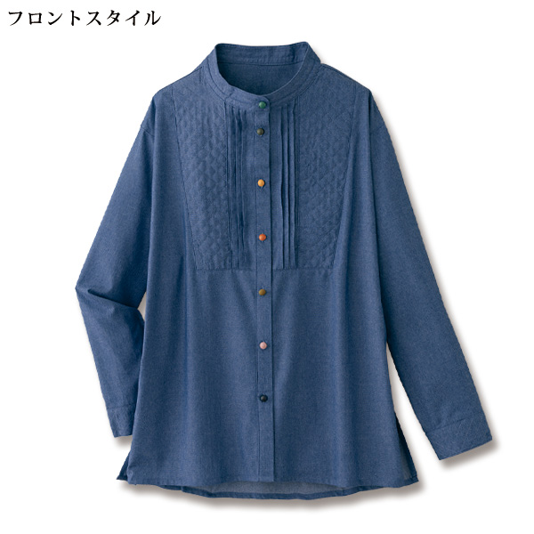 配色ボタンキルトデザインデニムシャツ