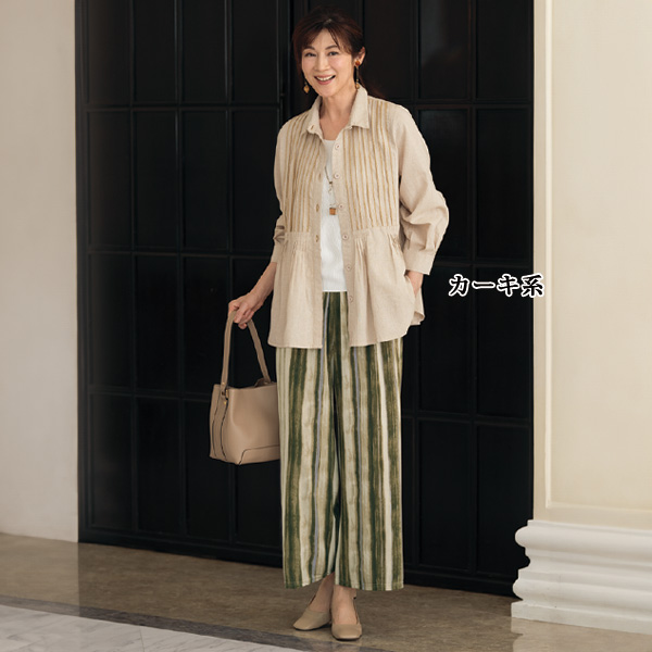 かすり風プリントワイドパンツ