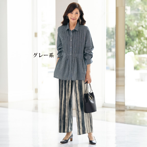 かすり風プリントワイドパンツ