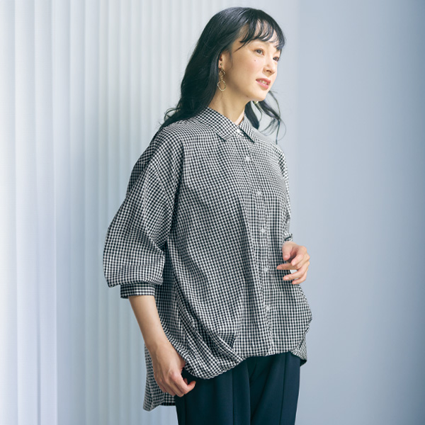 ギンガムチェックフロントタックブラウス