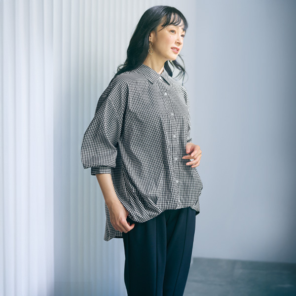 ギンガムチェックフロントタックブラウス