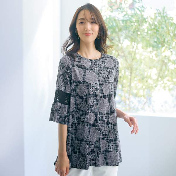 ボタニカルプリント袖レース切替えチュニック