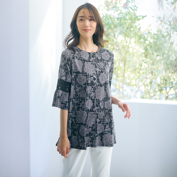 ボタニカルプリント袖レース切替えチュニック