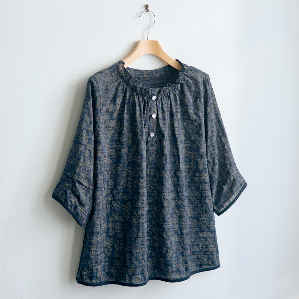 格子柄＆ボタニカル柄ブラウス