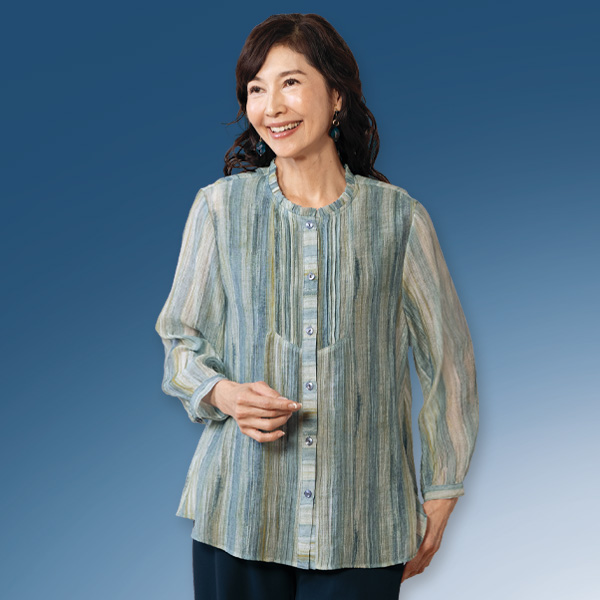 ぼかしストライプフリル襟ブラウス