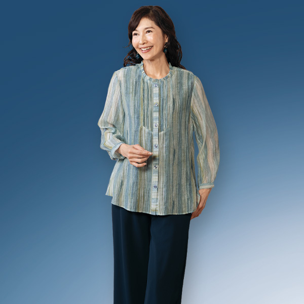 ぼかしストライプフリル襟ブラウス