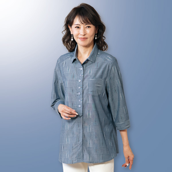 綿混ジャカードシャツブラウス