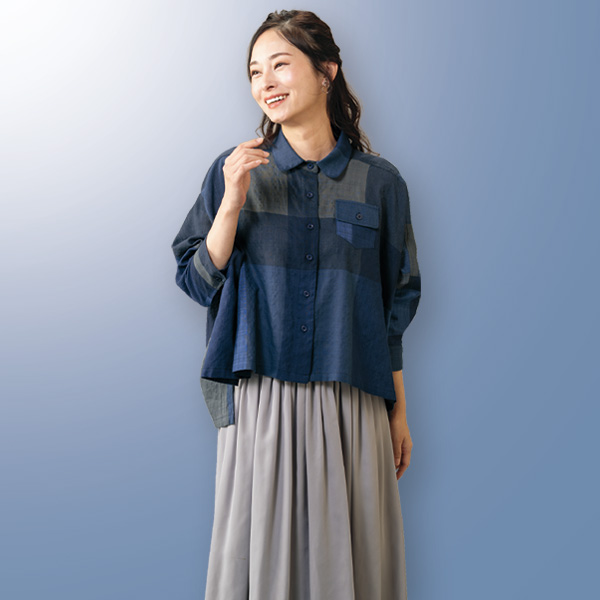 ブロック柄ゆったりブラウス
