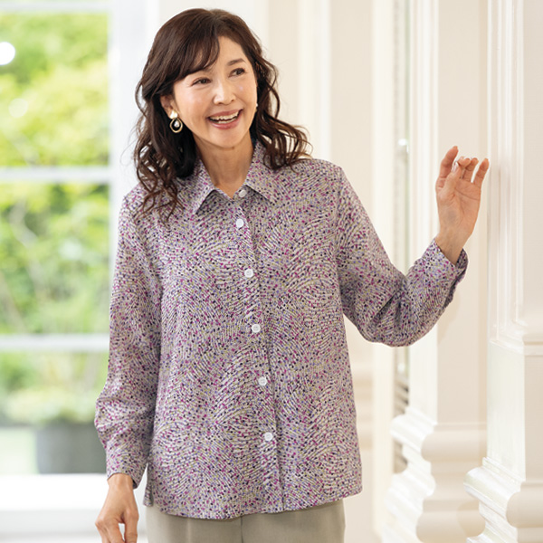 ちりめん風素材プリントシャツブラウス