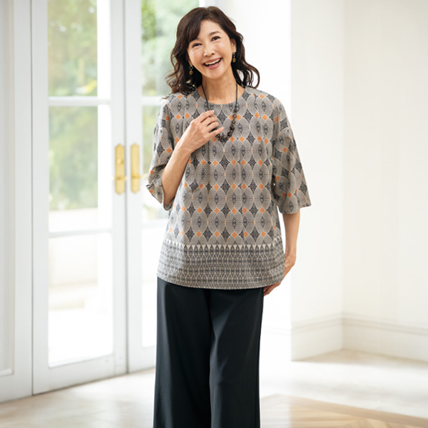 綿混パネルプリントオーバーブラウス