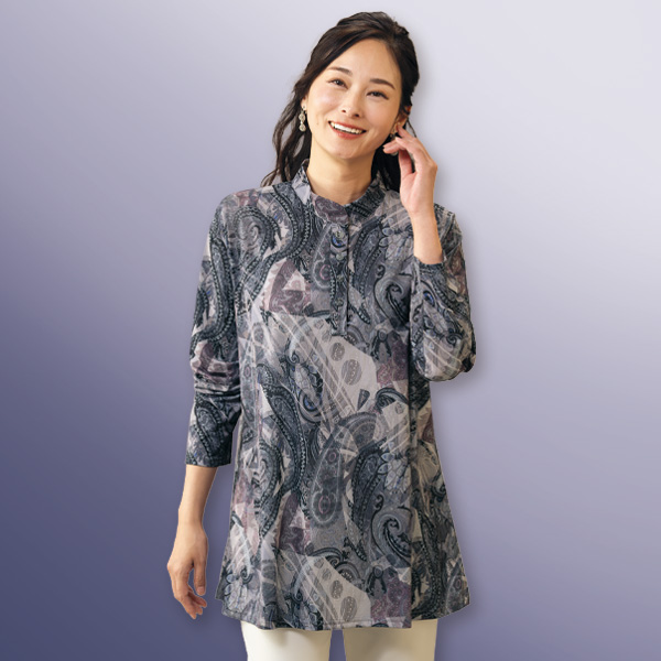 総柄スタンド襟チュニック