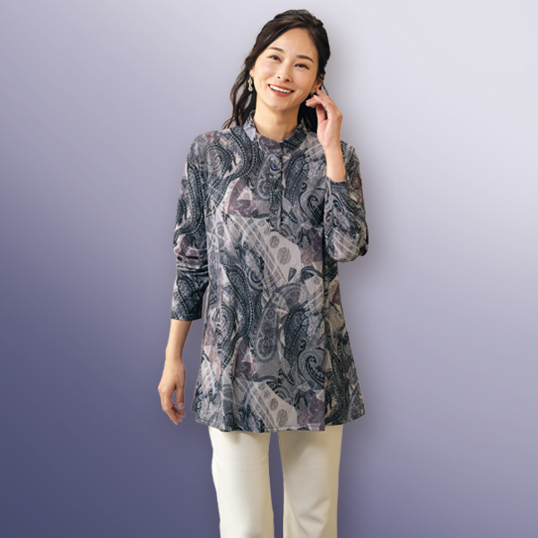 総柄スタンド襟チュニック