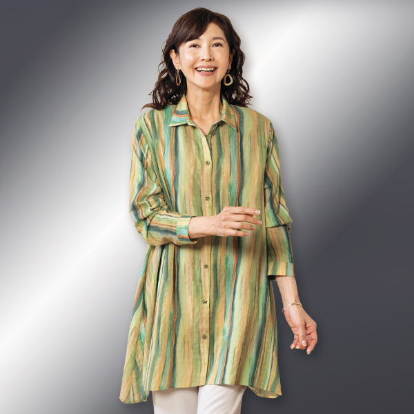 かすりストライプロングシャツジャケット