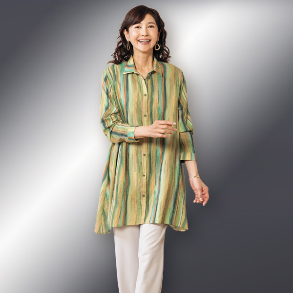 かすりストライプロングシャツジャケット