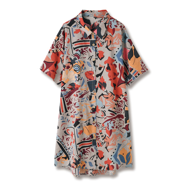 綿100％アート柄前開きワンピース