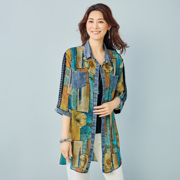 配色デニム使いロングシャツ