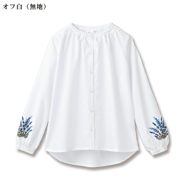 袖刺しゅうバンドカラーブラウス