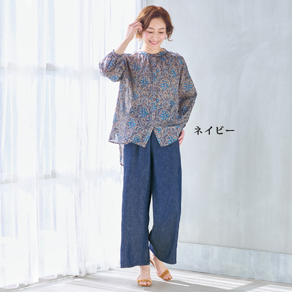 麻レーヨンワイドデニム 股下62cm 大きいサイズ M L LL 3L