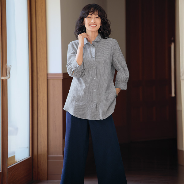 高島ちぢみ よろけストライプチュニックシャツ