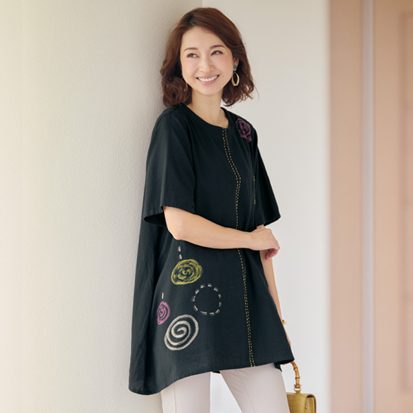 綿麻刺しゅう＋プリントロングブラウス