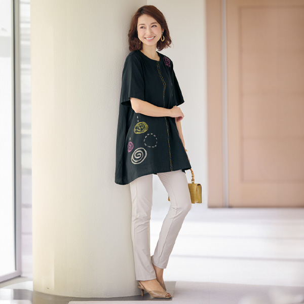 綿麻刺しゅう＋プリントロングブラウス