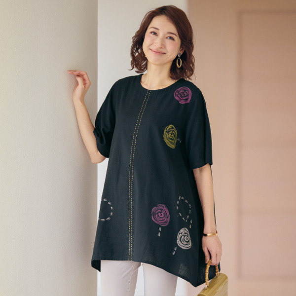 綿麻刺しゅう＋プリントロングブラウス