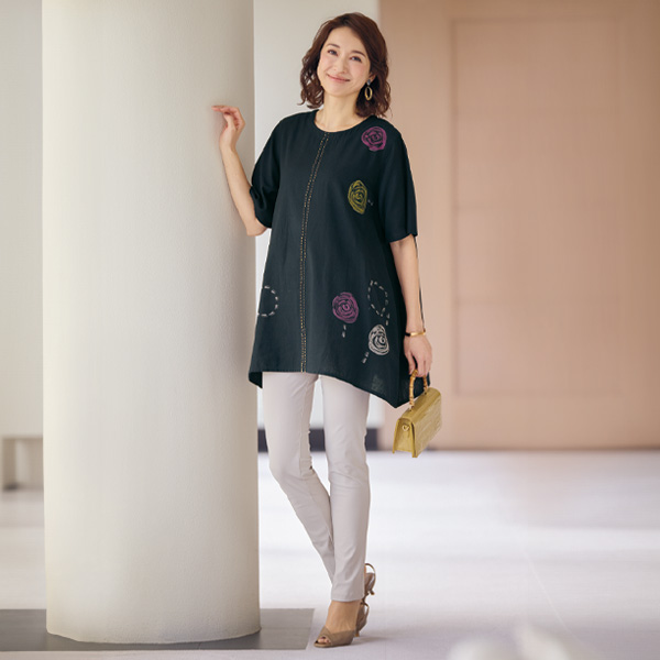 綿麻刺しゅう＋プリントロングブラウス