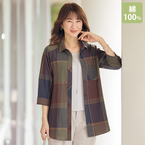 格子柄ステッチデザインシャツジャケット