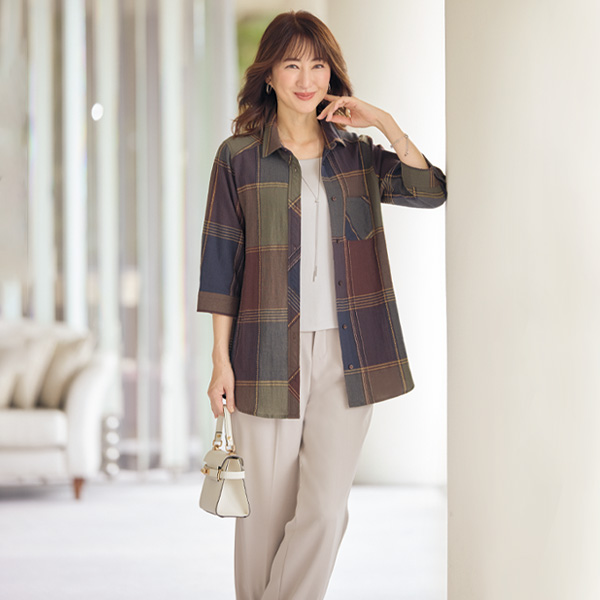 格子柄ステッチデザインシャツジャケット