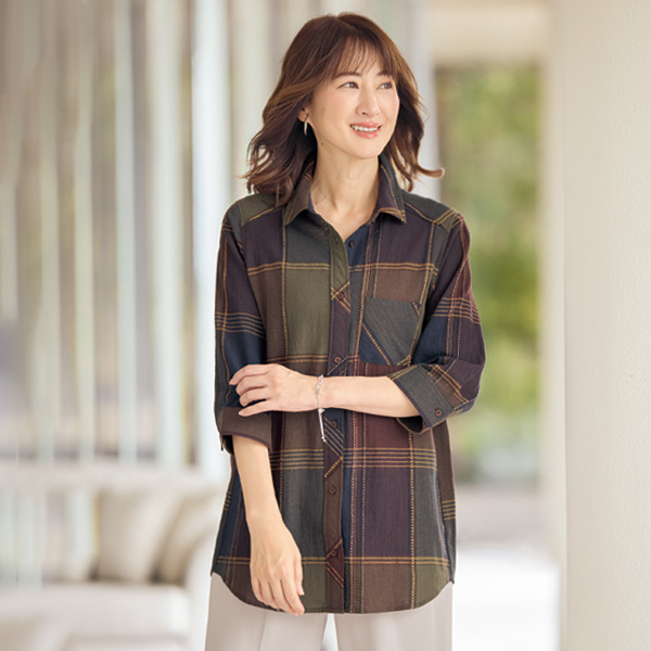 格子柄ステッチデザインシャツジャケット