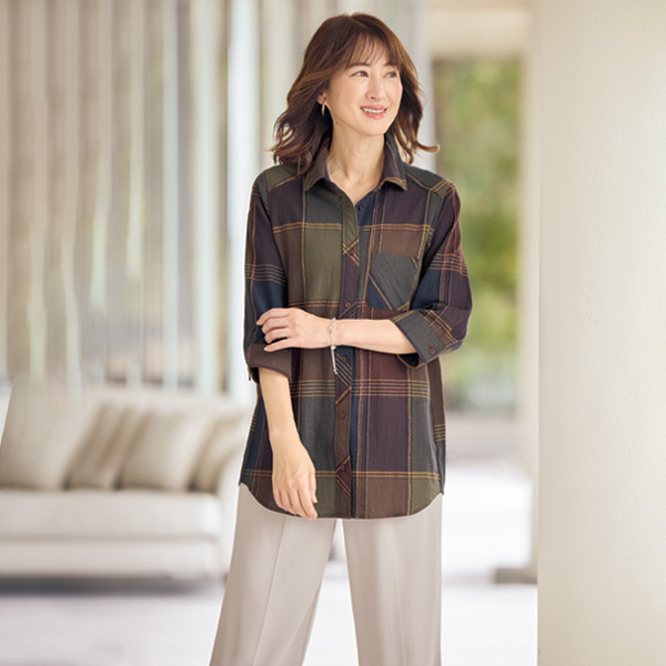 格子柄ステッチデザインシャツジャケット