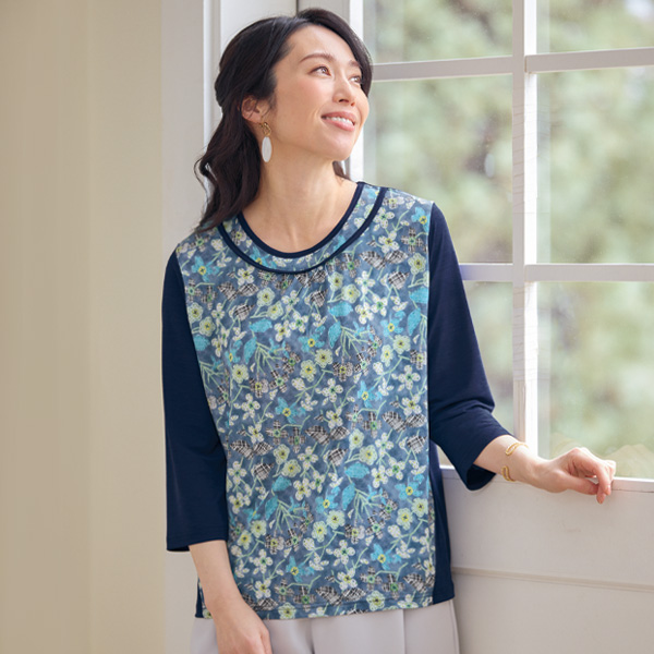 花柄プリント配色プルオーバー