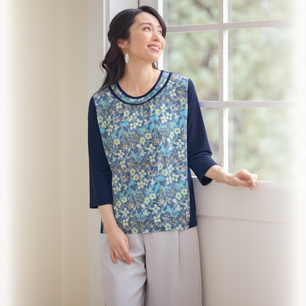 花柄プリント配色プルオーバー