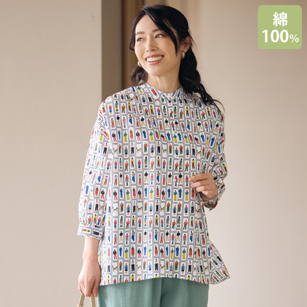 総柄プリントバンドカラーブラウス