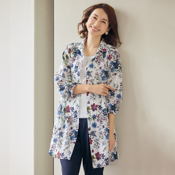 多色花柄プリントシャツチュニック