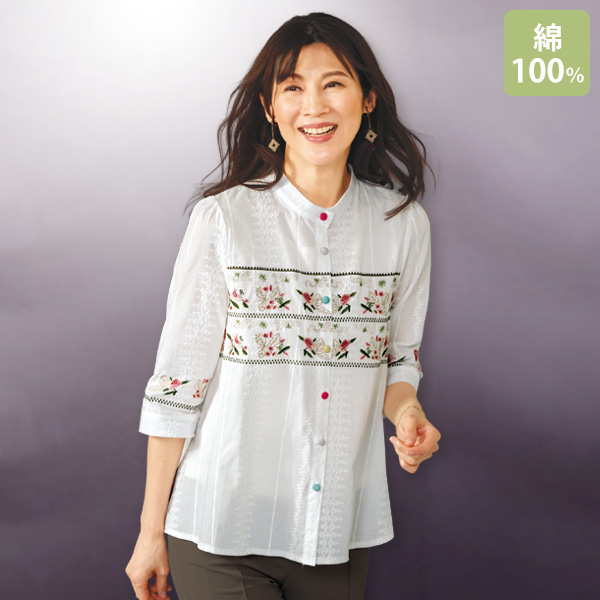 七分袖刺しゅうブラウス