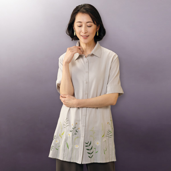 麻混刺しゅう使いロングシャツ