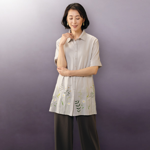 麻混刺しゅう使いロングシャツ