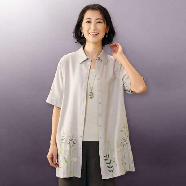 麻混刺しゅう使いロングシャツ