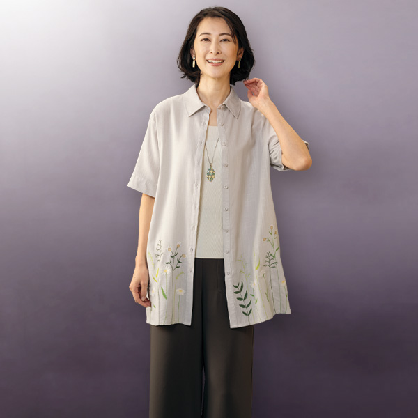 麻混刺しゅう使いロングシャツ