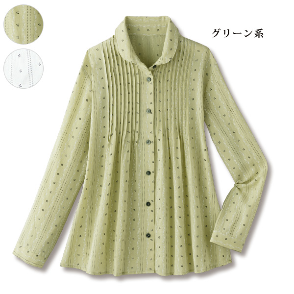 花柄刺しゅう風プリント綿混ピンタック使いブラウス