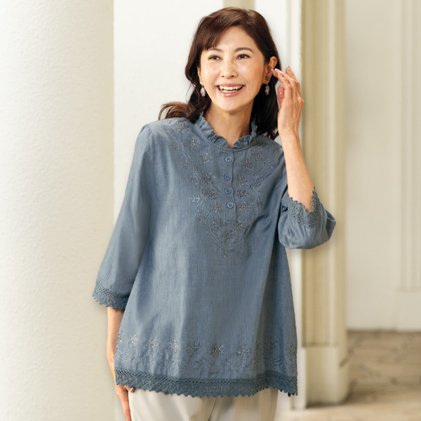 刺しゅう・レース使い綿混ブラウス